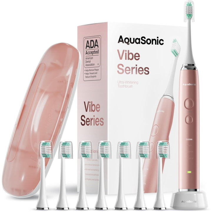 Vibe Series Ultra-Whitening Toothbrush – ADA Accepted Electric Toothbrush - 8 Brush Heads & Travel Case – 40,000 VPM Motor & Wireless Charging - 4 Modes w Smart Timer – Satin Rose Gold