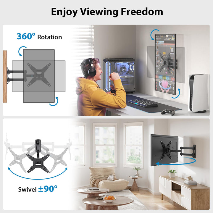 Full Motion TV Monitor Wall Mount Bracket Swivel Tilt Extension Rotation for Echo Show 21/15 and Most 13-42 Inch LED LCD Flat Curved Screen TVs & Monitors, Max VESA 200x200mm up to 44lbs