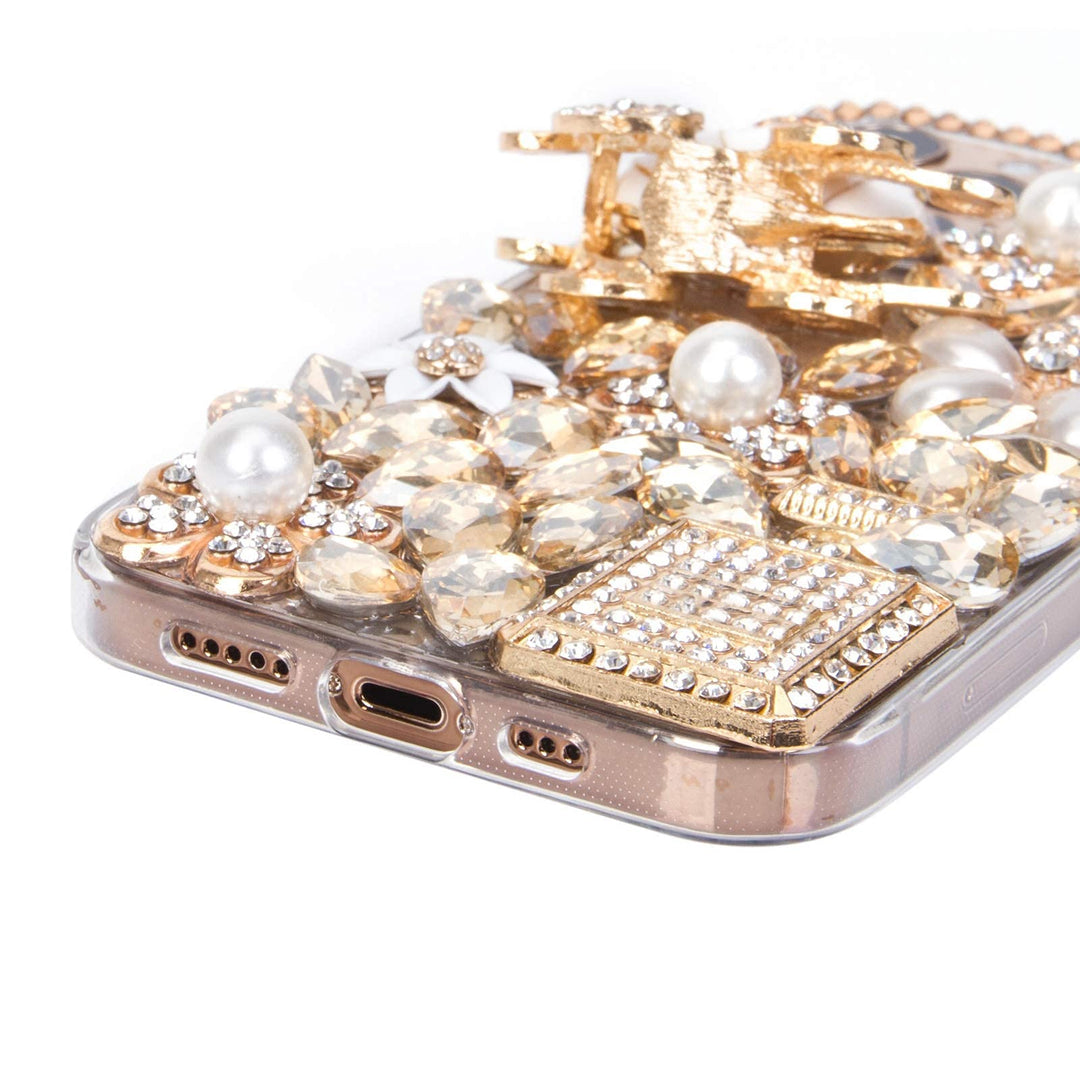 Bling Case, Girls Women 3D Luxury Sparkle Glitter Diamond Crystal Rhinestone Pumpkin Car Charm Pendant Protective Case Cover for iPhone 13 Pro Max 6.7 inch (Champagne)