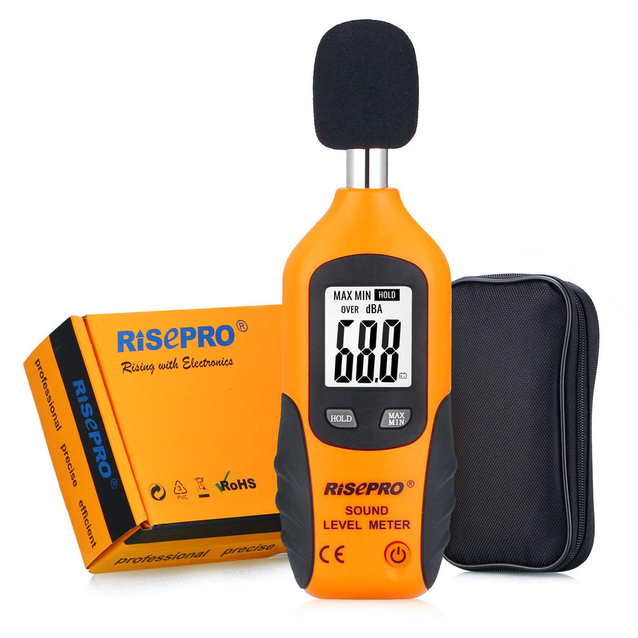 Decibel Meter, ® Digital Sound Level Meter 30 – 130 dB Audio Noise Measure Device Backlight MAX/MIN, Data Hold Auto Power Off Dual Ranges HT-80A
