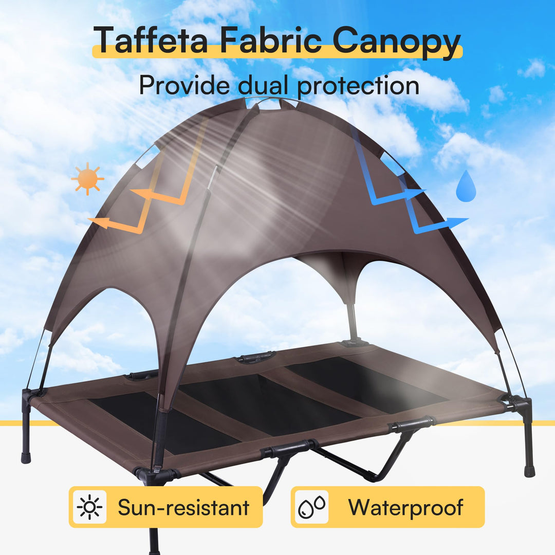 XLarge Outdoor Dog Bed, Elevated Pet Cot with Canopy, Durable Oxford Fabric, Extra Carrying Bag, for Camping or Beach - Brown
