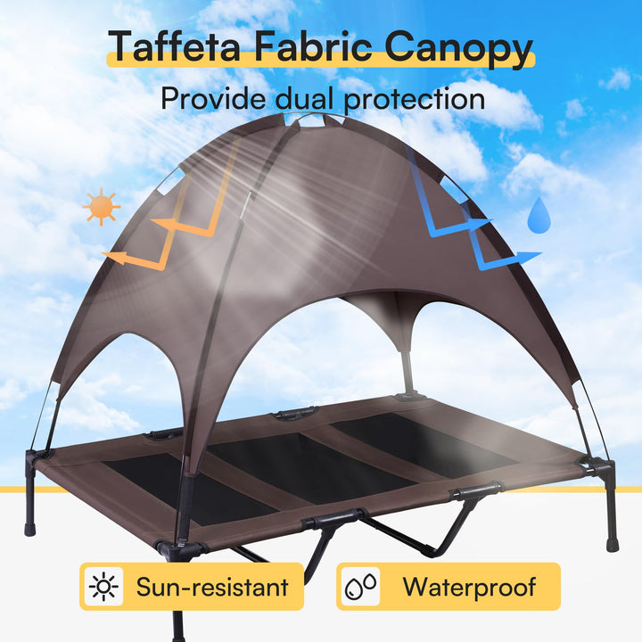 XLarge Outdoor Dog Bed, Elevated Pet Cot with Canopy, Durable Oxford Fabric, Extra Carrying Bag, for Camping or Beach - Brown