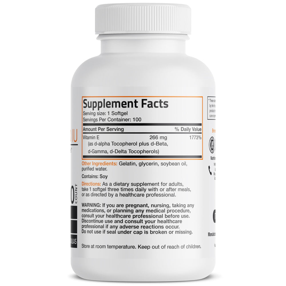 Natural Vitamin E Complex 400 I.U. Supplement (d-Alpha Tocopherol Plus d-Beta, d-Gamma, & d-Delta Tocopherols), Natural Antioxidant, 100 Softgels
