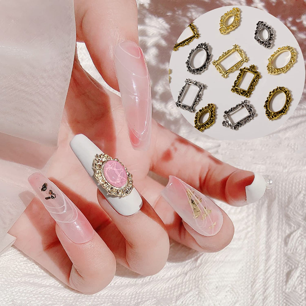 60pcs Retro Nail Charms Metal Punk Nail Jewels Engraved Nail Frame Charms for Nails 3D Nail Art Charms Flat-Back Nail Studs Nail Art Decoration for DIY Craft