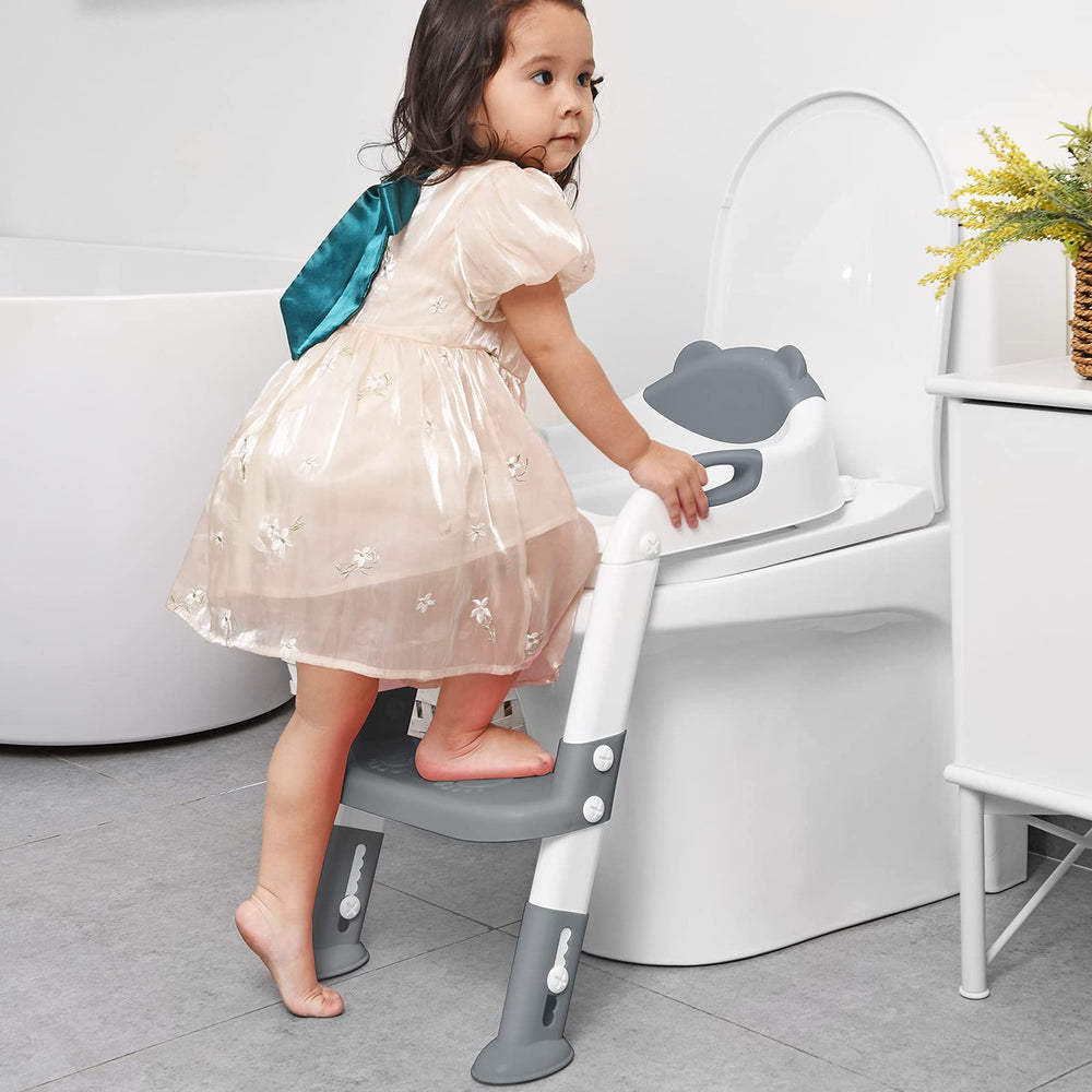 Potty Training Seat with Step Stool Ladder, Potty Training Toilet for Kids Boys Girls Toddlers - Comfortable Safe Potty Seat with Anti-Slip Pads Ladder Grey