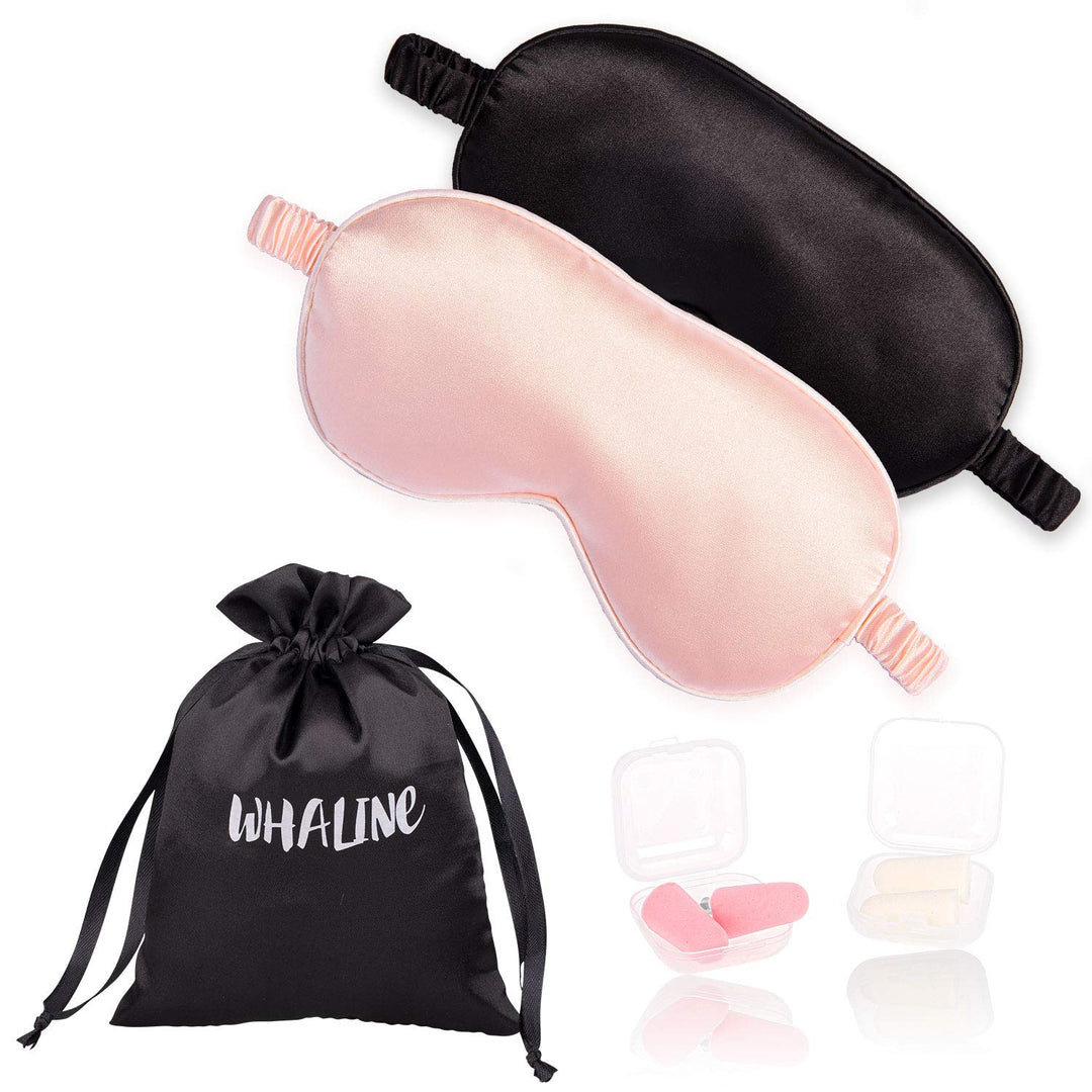 2 Pcs Silk Sleep Eye Cover with Ear Plugs and Elastic Strap, Soft and Smooth Eye Cover for Men & Women Night Sleeping, Travel, Nap (Pink & Black)