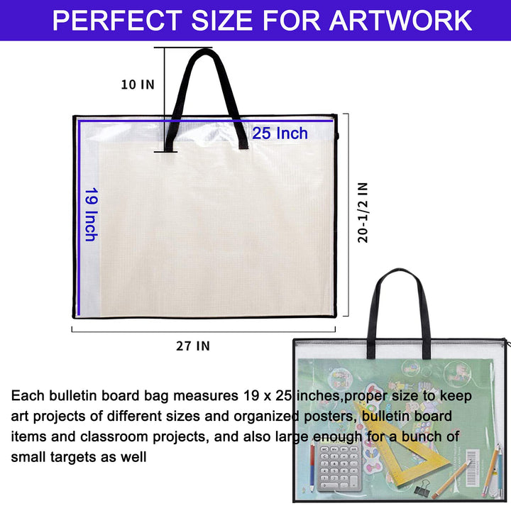 3 Pieces Art Portfolio Bag Poster Storage Bag, with Zipper and Handle Posters Organizer Transparent White Bag for Large Posters, Poster Board, Painting, Bulletin Boards 19 x 25 inch