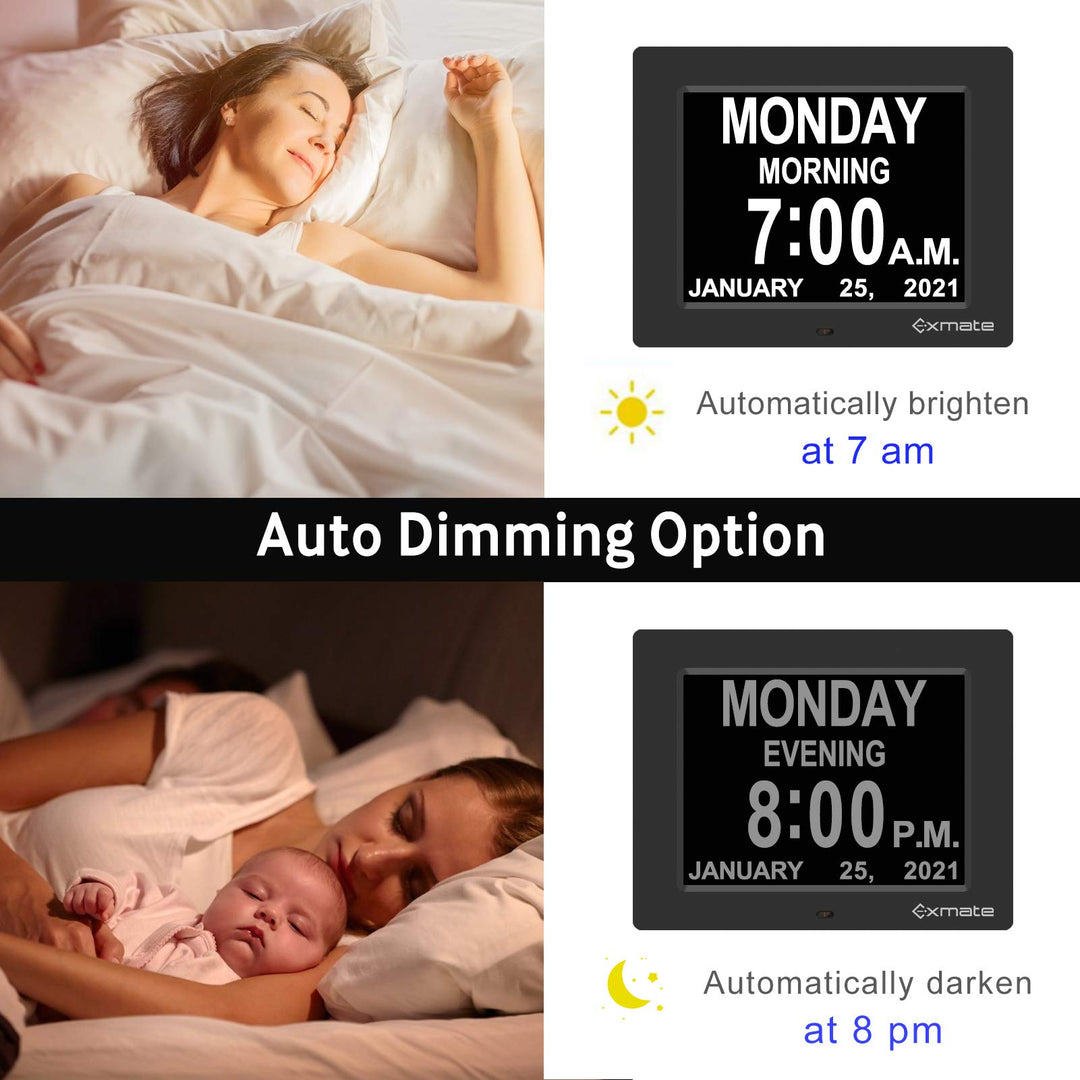 Digital Calendar Alarm Day Clock, 8 Day Clock Calendar Large Screen Display, with 13 Alarm Options Snooze Function for Elderly, Visual Impairment, Dementia, Memory Loss