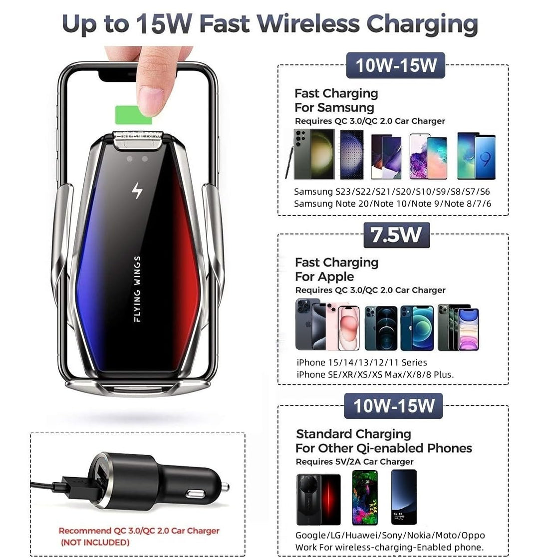 Wireless Car Charger Mount, Infrared Sensor Automatic Clamping Mount 15W Fast Wireless Car Phone Holder for Apple iPhone 14/13/12/11/Pro/X/XR/XS, Sensor Air Vent Cell Phone Car Mount for Samsung