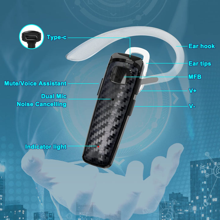 Bluetooth Headset, CVC8.0 Handsfree Bluetooth Earpiece, 16 Hrs Talk Time Noise Cancelling Single Ear Wireless Headset for Office Driving, Compatible with iPhone & Android Samsung Cellphone