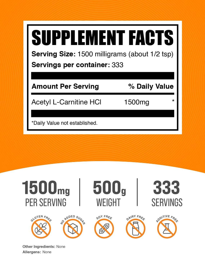 .com Acetyl L-Carnitine Powder - as ALCAR HCl, Carnitine Supplement - Gluten Free, 1.5g per Serving, 500g (1.1 lbs) (Pack of 1)