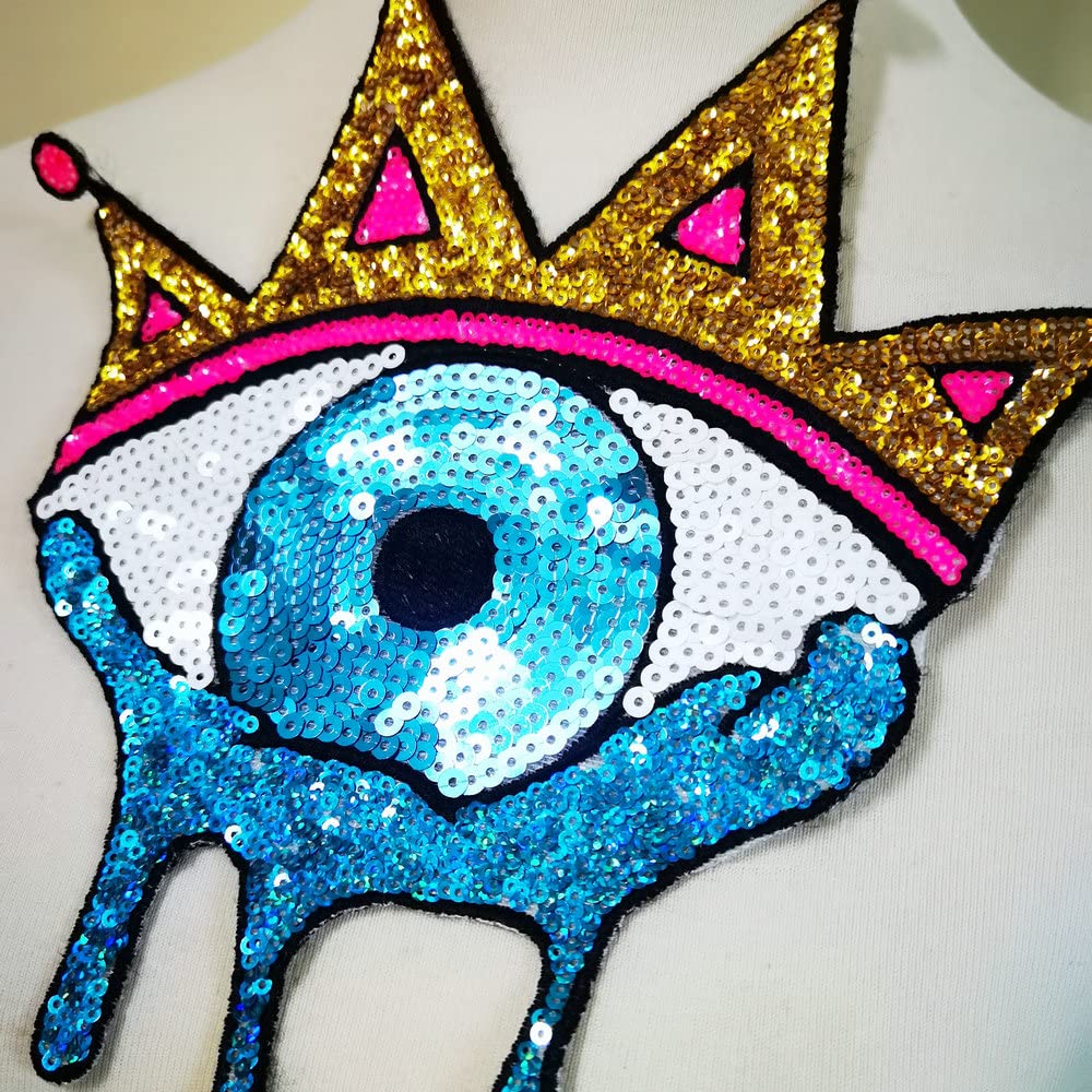 5pcs Large Sequin Heart Evil Eyes Patch No Glue Cartoon Motif Applique Embroidery Garment Accessory (Blue A)