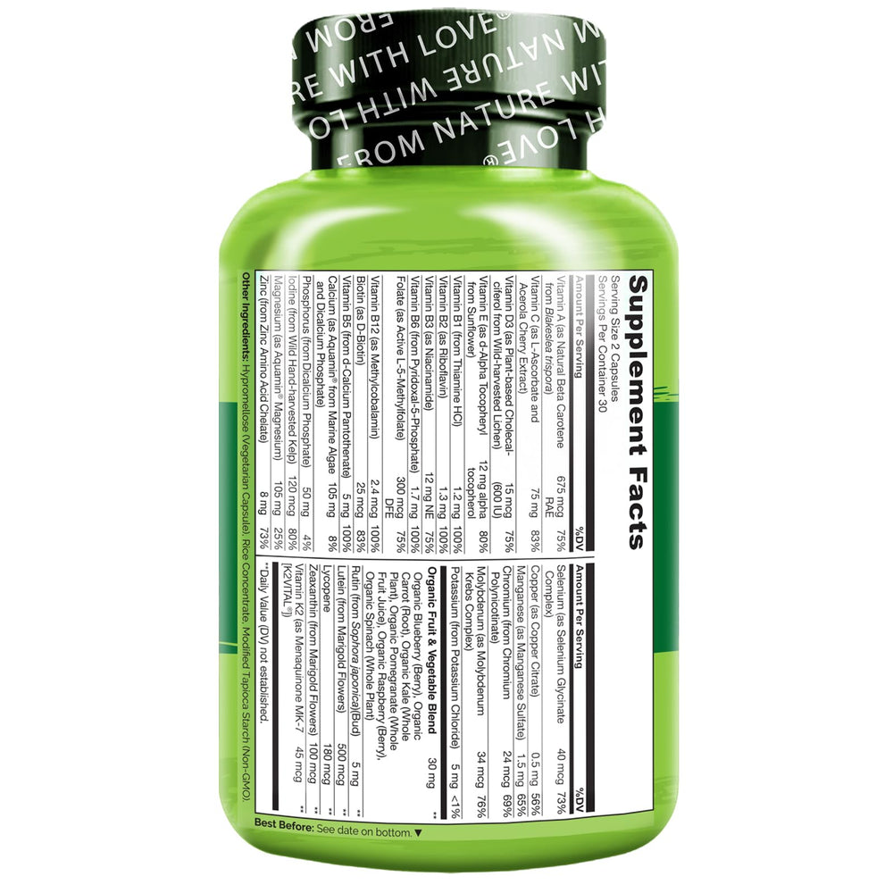 Whole Food Multivitamin for Teenage Boys - Vitamins and Minerals Supplement for Active Kids - with Plant Extracts - Non-GMO - Vegan & Vegetarian - 60 Capsules