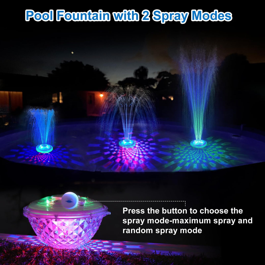 Floating Pool Fountain with Underwater Light Show,Pool Water Fountain Rechargeable Battery Powered,2 Spray Modes Pool Fountain Pump,Pool Fountain for Inground Above Ground Pools-1PC