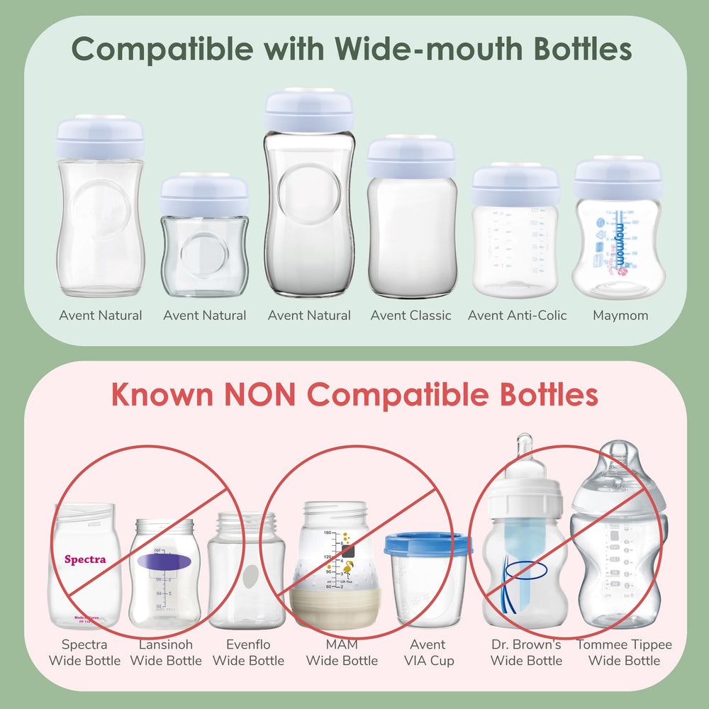 Screw Lids Aka Travel Caps with Rewritable Sealing Disc Compatible with Avent Bottle, Wide Mouth Bottles; Cap Replace Avent Natural Bottle Sealing Ring and Sealing Disc, 6pcs. (Blue)