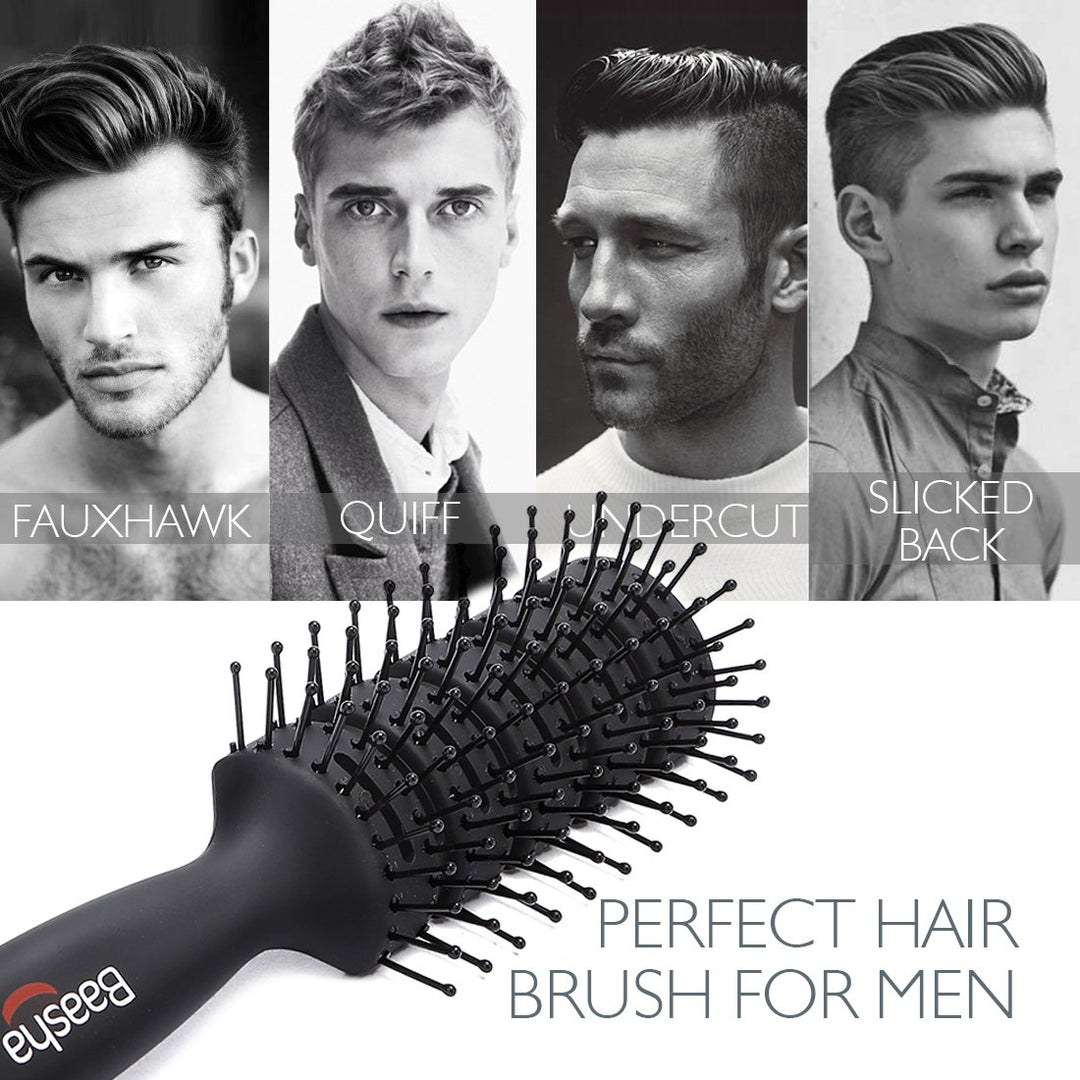 Hair Brush, Vented Brush for Blow Drying, Mens Short Hair Brush with Ball Tipped Bristles, Best for Wet or Dry Hair - Black