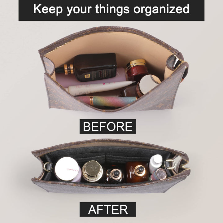 Purse Insert Organizer Bag Compatible with Toiletry Pouch 26 Handbag Shaper with Golden D Ring,Bag In Bag Fit Purse lv Pouch 26 Khaki (Large-26, Black-Premium Felt)