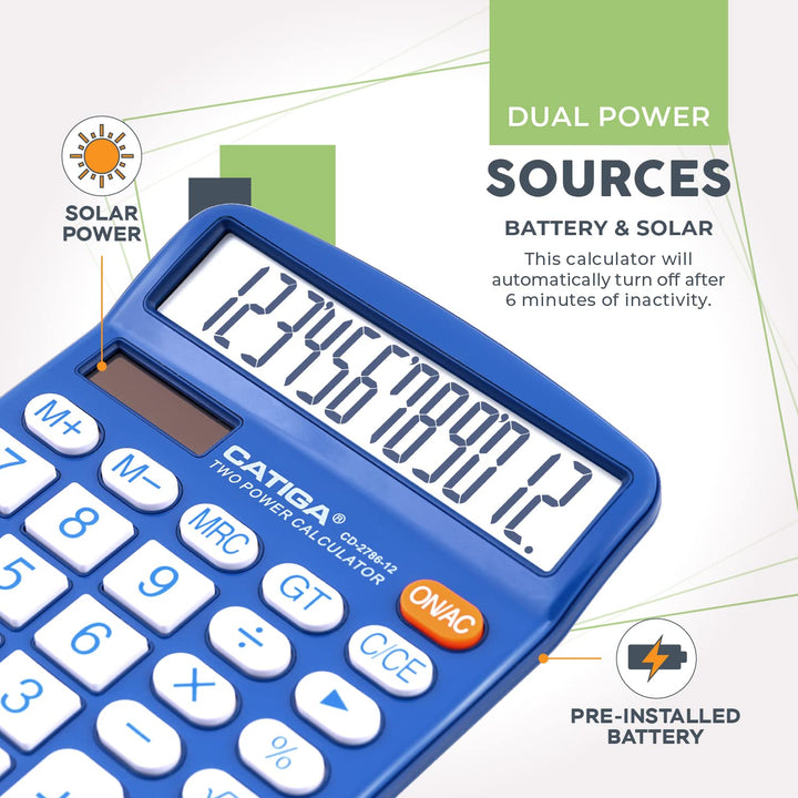 Desktop Calculator 12 Digit with Large LCD Display and Sensitive Button, Solar and Battery Dual Power, Standard Function for Office, Home, School, CD-2786 (Blue)
