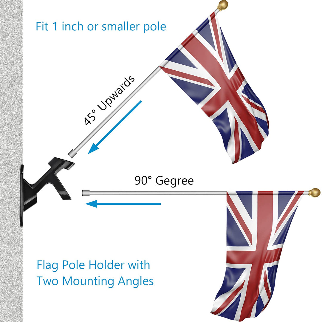 Flag Pole Holder Mounting Bracket, 2 Position House Flag Pole Bracket, Heavy Duty Aluminum Mount - Stainless Steel Kit - Strong and Rust Proof - 1 Inner Diameter (Shiny Black-1Pack)