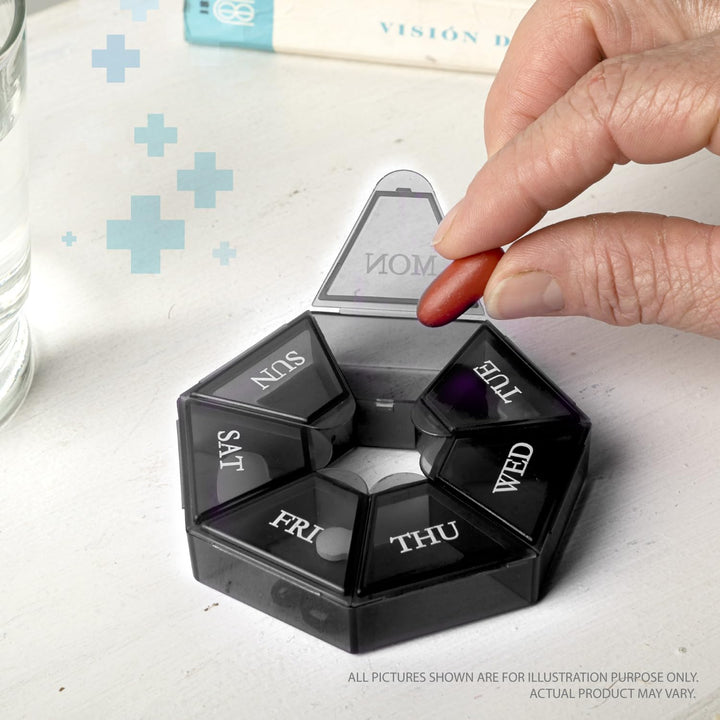7-Sided portable pill box medicine planner small case (seven day weekly travel container) Medication, vitamin holder boxes organizer pillbox dispenser organizer, sorter and reminder containers (Black)