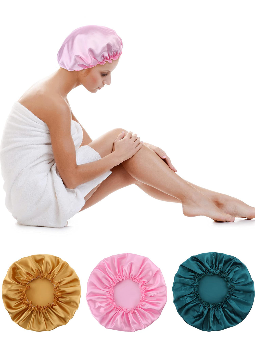3 Pieces Sleep Cap Satin Bonnet Night Head Cover Sleeping Soft Hair Turbans for Women and Girls (Gold pink peacock blue)
