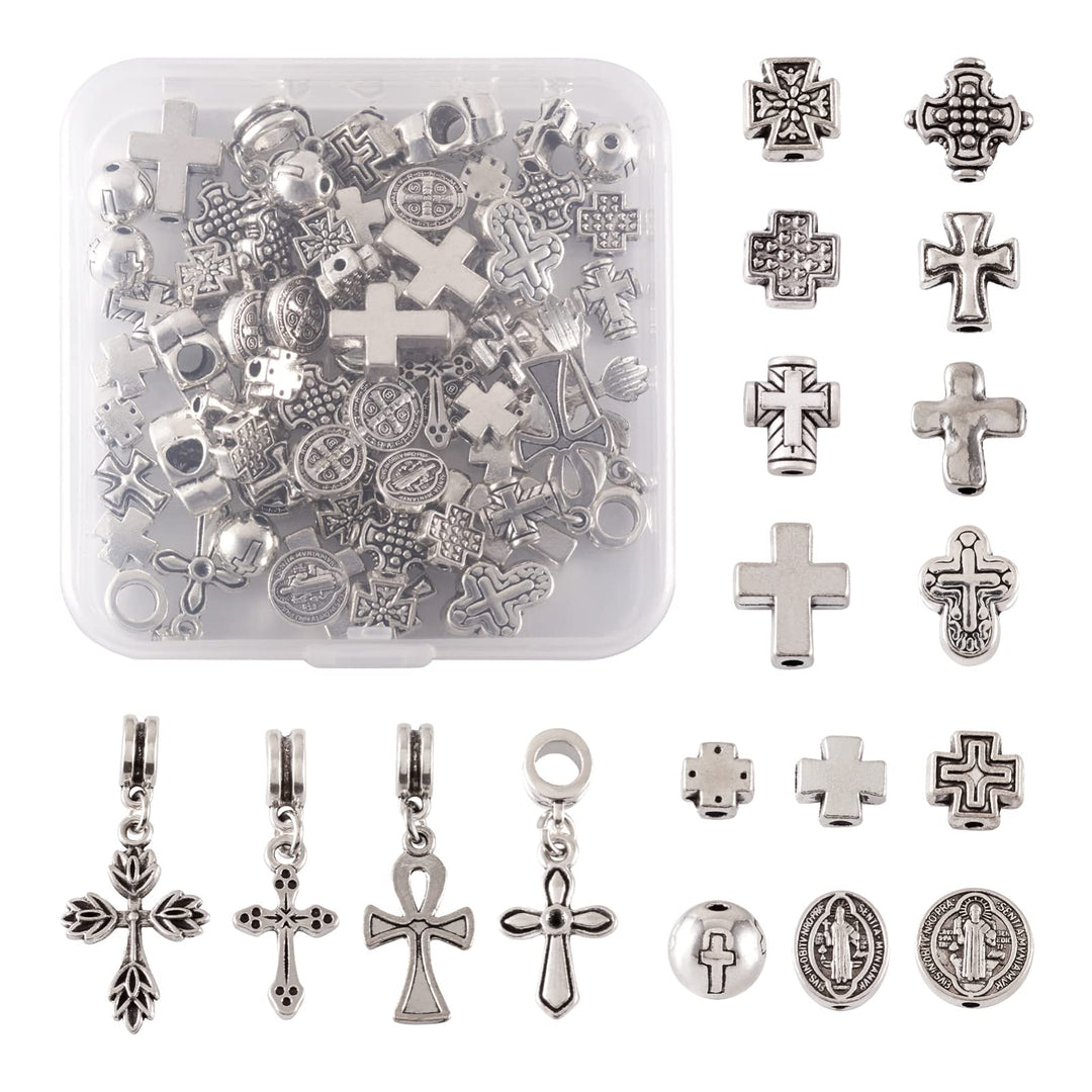 Pandahall 70pcs/Box 16 Styles Antique Silver Holy Cross Beads Tibetan Style Metal Spacer Cross Charms Prayer Beads for Rosary Bracelet Jewelry Making Supplies