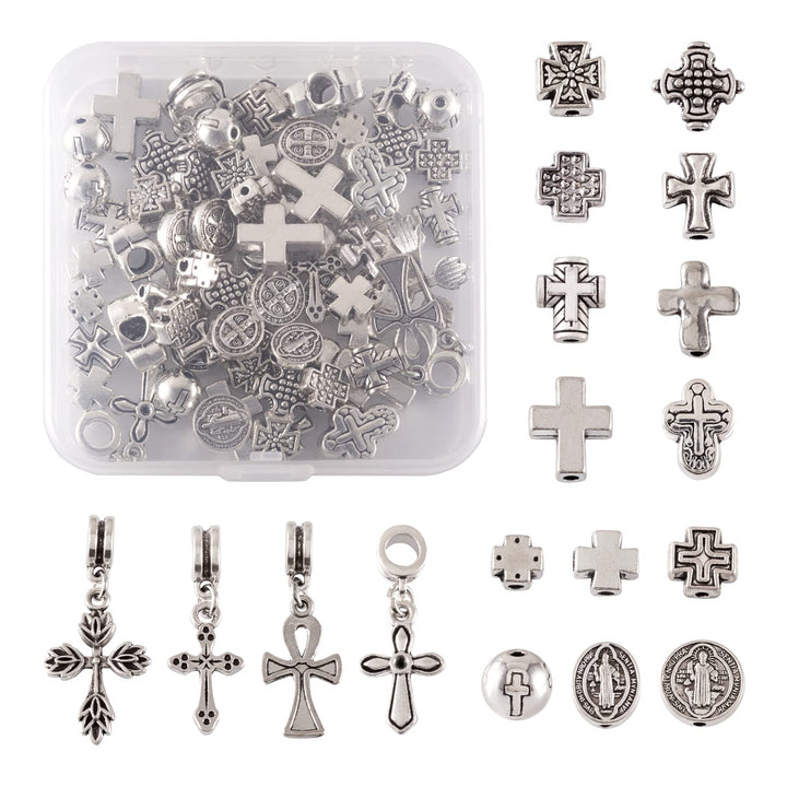 Pandahall 70pcs/Box 16 Styles Antique Silver Holy Cross Beads Tibetan Style Metal Spacer Cross Charms Prayer Beads for Rosary Bracelet Jewelry Making Supplies