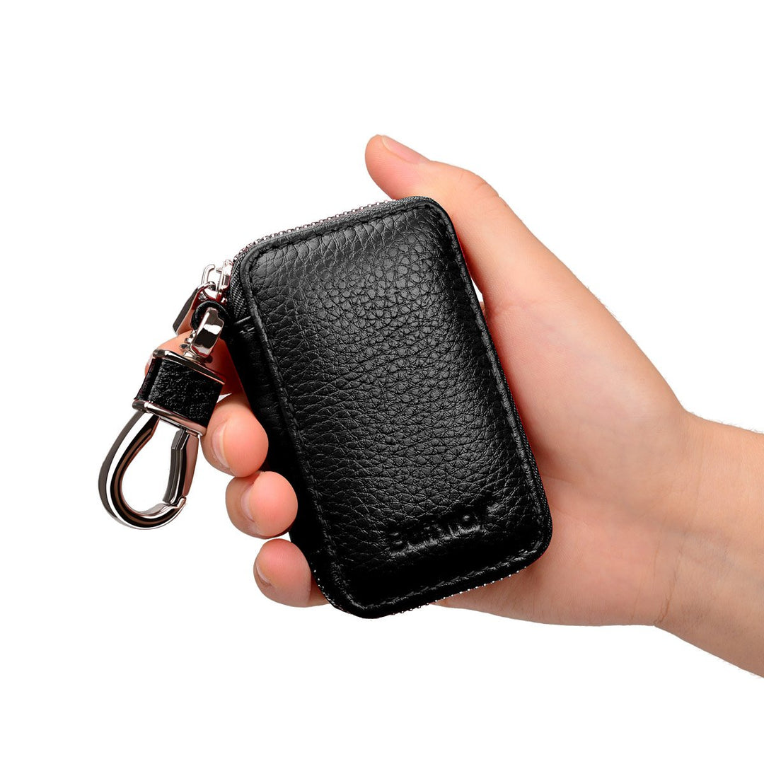 Car Key case,Genuine Leather Car Key Chain Keychain Holder Metal Hook and Keyring Zipper Bag for Remote Key Fob - Black