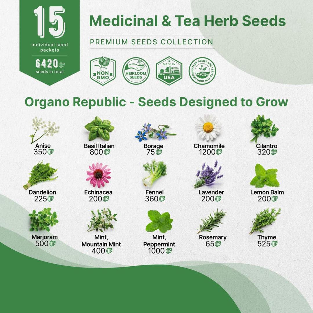 15 Medicinal & Tea Herb Seeds Variety Pack 6,420+ Non-GMO Heirloom Garden Seeds for Indoor & Outdoors, Including Anise, Borage, Cilantro, Chamomile, Dandelion, Rosemary Seeds