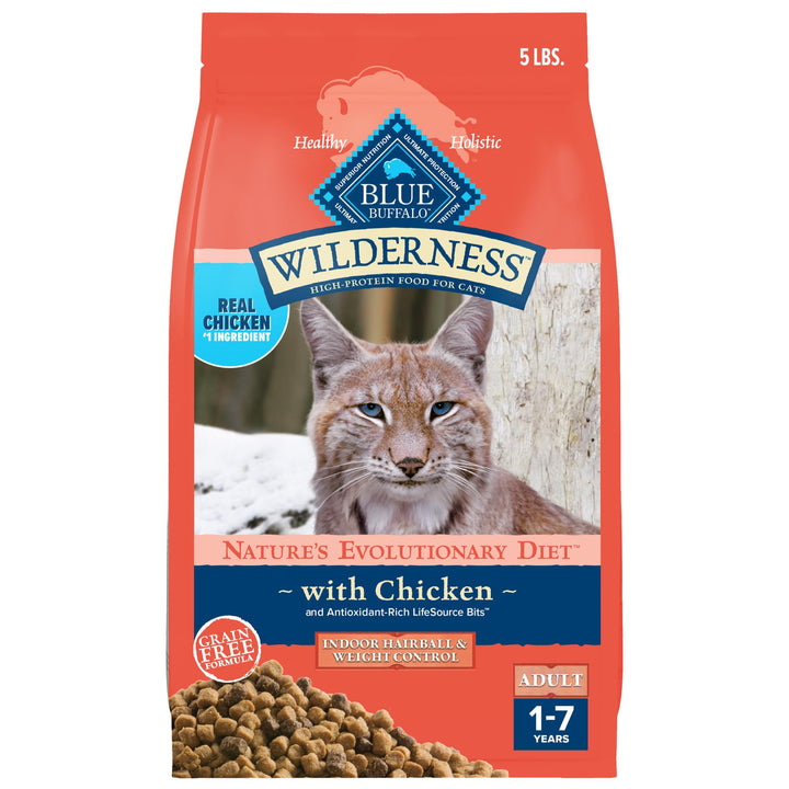 Wilderness High-Protein, Grain-Free Natural Dry Food for Adult Cats, Weight and Hairball Control, Chicken, 5-lb Bag