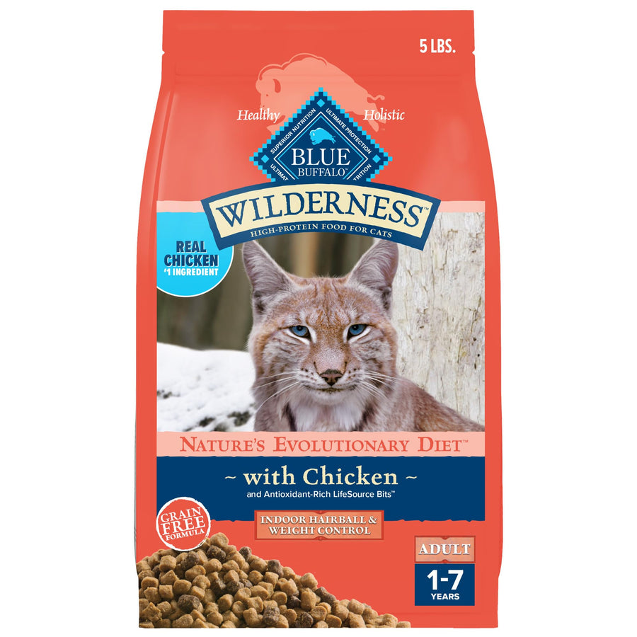 Wilderness High-Protein, Grain-Free Natural Dry Food for Adult Cats, Weight and Hairball Control, Chicken, 5-lb Bag