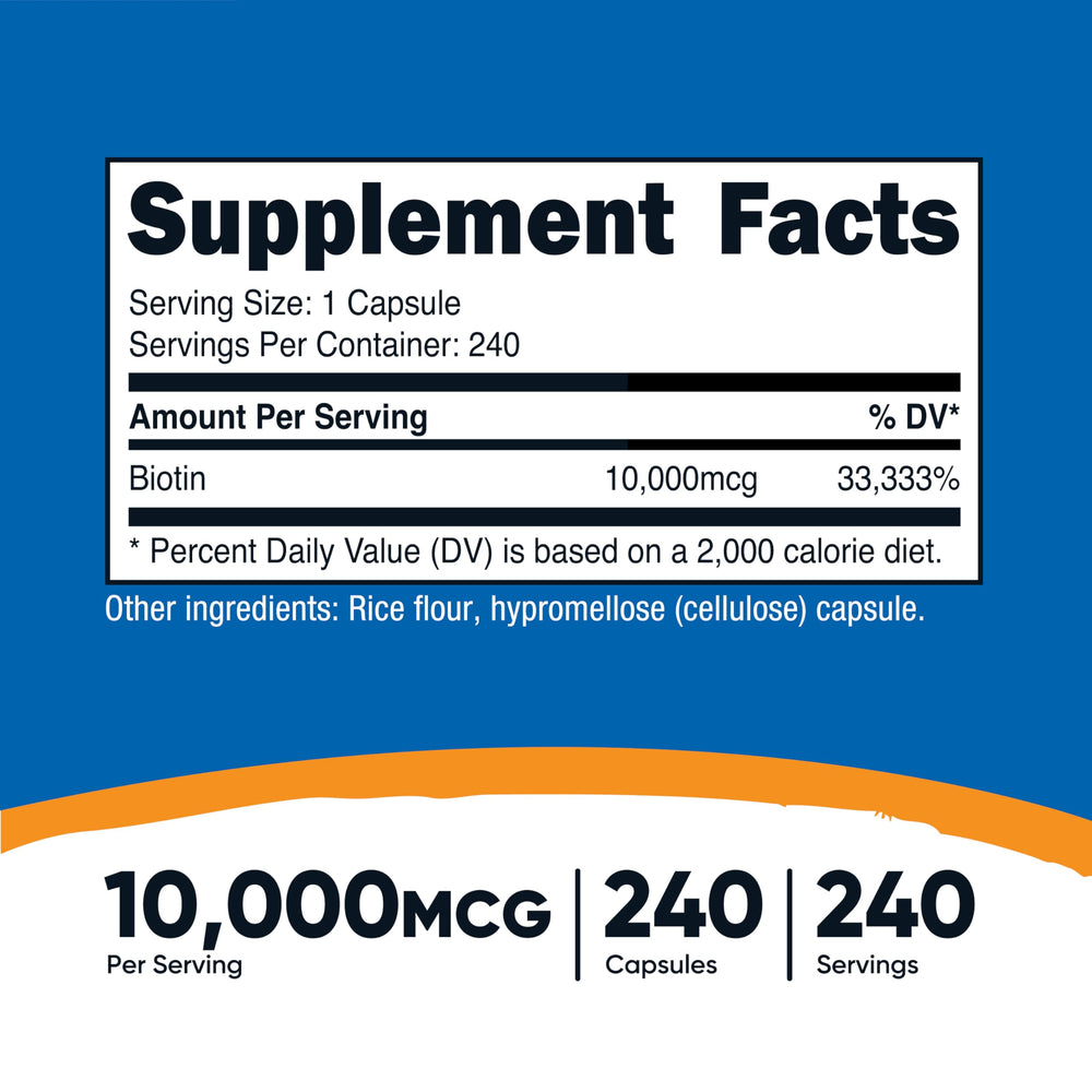Biotin (Vitamin B7) 10,000mcg (10mg) Vitamin Supplement, 240 Capsules - Vegetarian, Gluten Free, Quick Release, Non-GMO