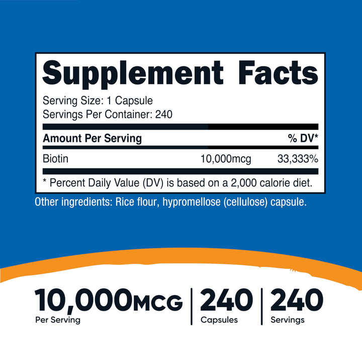 Biotin (Vitamin B7) 10,000mcg (10mg) Vitamin Supplement, 240 Capsules - Vegetarian, Gluten Free, Quick Release, Non-GMO