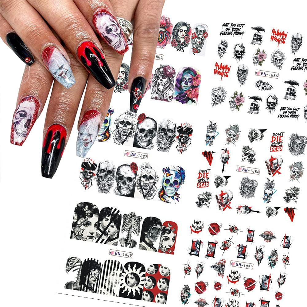 Halloween Nail Stickers Day of The Dead Nail Art Water Decals Transfer Foils for Nails Supply Watermark Skull Nail Art Decals Nail Tattoo for Halloween Party Nail Supplies Manicure Decorations 12PCS