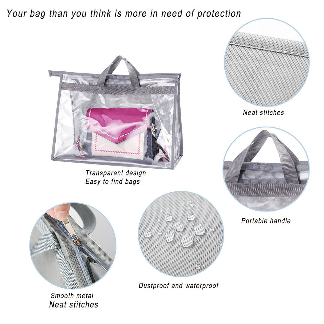 9Pcs Clear Handbag Storage Dust Cover Organizer Bags, Transparent Dustproof Purse Protector Storage Bag with Zipper Handles for Closet Shelf-3 Sizes (Grey)