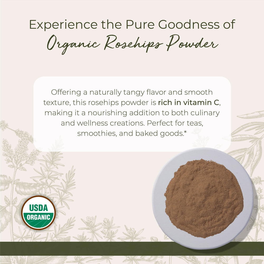 Rosehips Powder Organic - Dried Herb for Tea & Baking, Finely Ground, Natural Source of Vitamin C, Certified Kosher, Non-GMO - Bulk 1 lb Bag