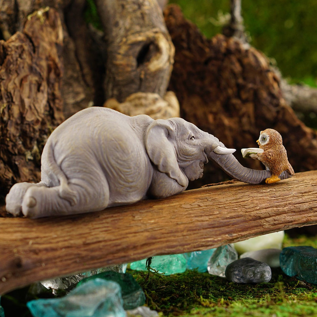Miniature Garden Elephant Reading Book with Owl, Gray
