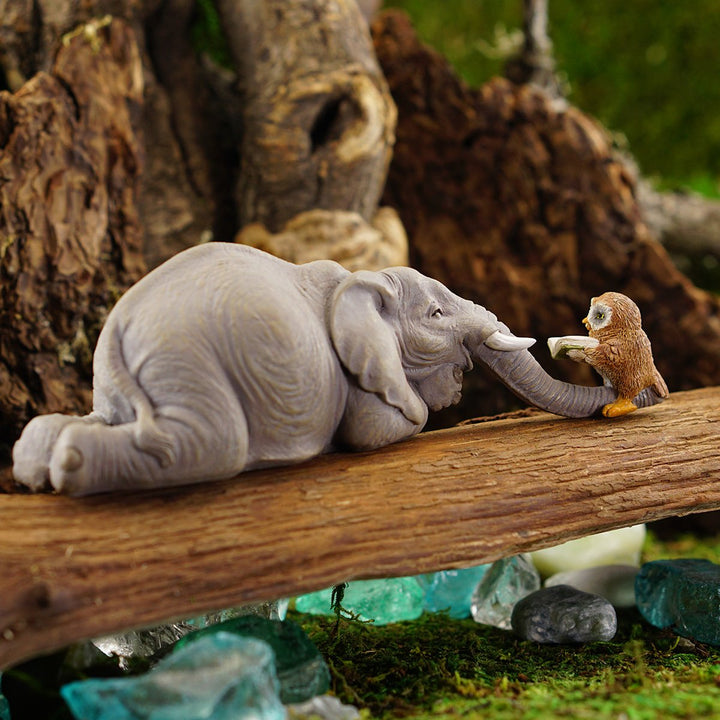 Miniature Garden Elephant Reading Book with Owl, Gray