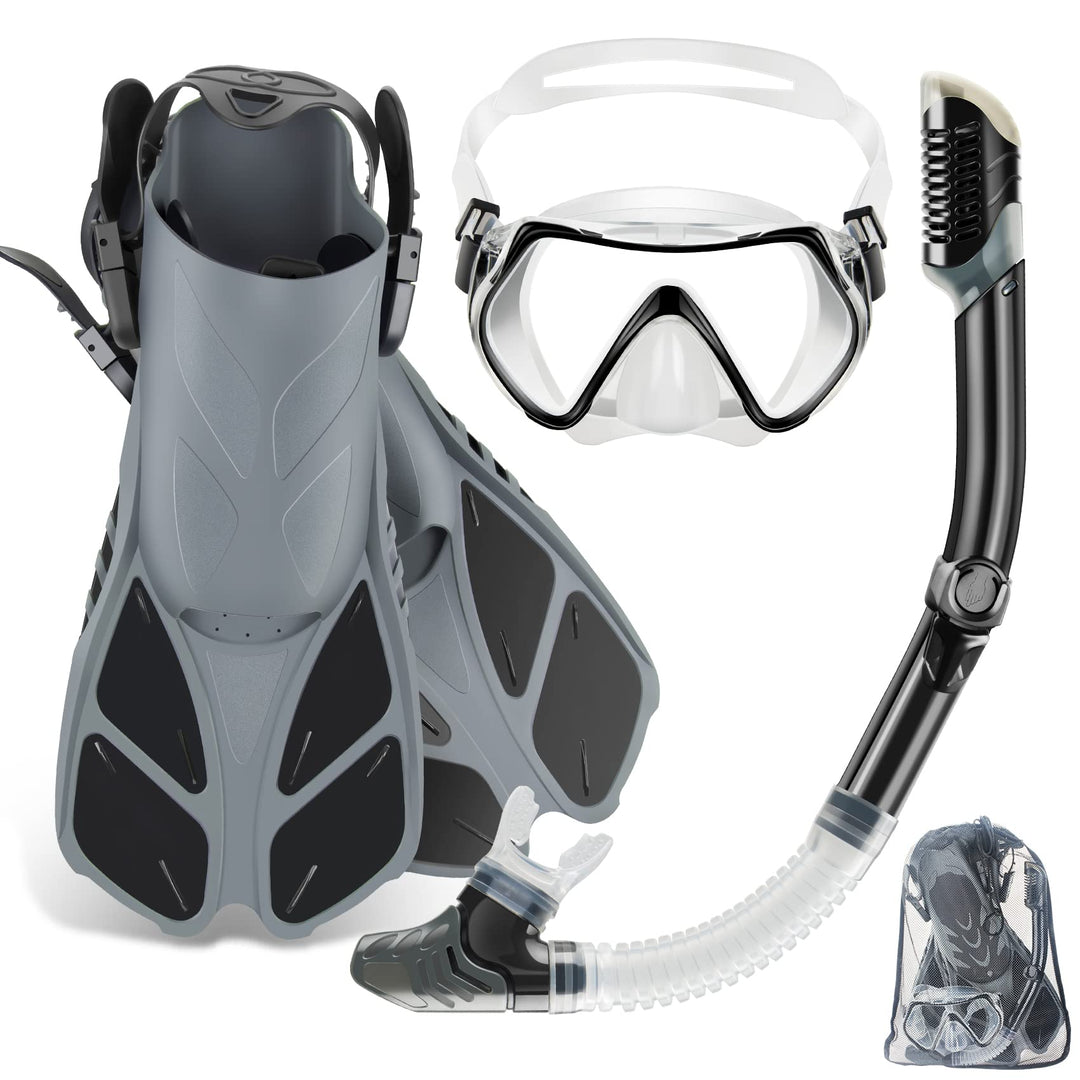 Mask Fin Snorkel Set with Adult Snorkeling Gear, Panoramic View Diving Mask, Trek Fin, Dry Top Snorkel +Travel Bags, Snorkel for Lap Swimming