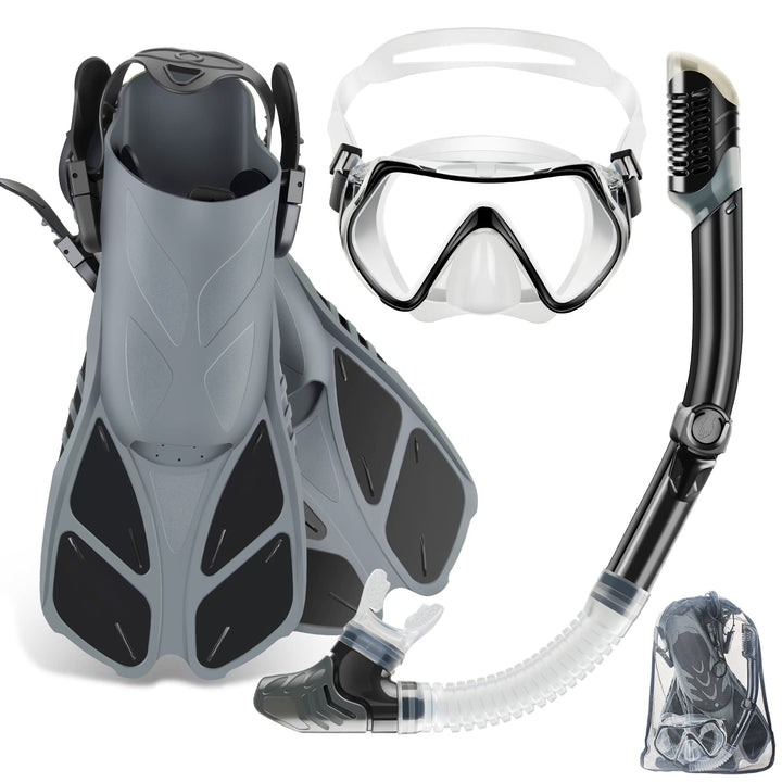 Mask Fin Snorkel Set with Adult Snorkeling Gear, Panoramic View Diving Mask, Trek Fin, Dry Top Snorkel +Travel Bags, Snorkel for Lap Swimming
