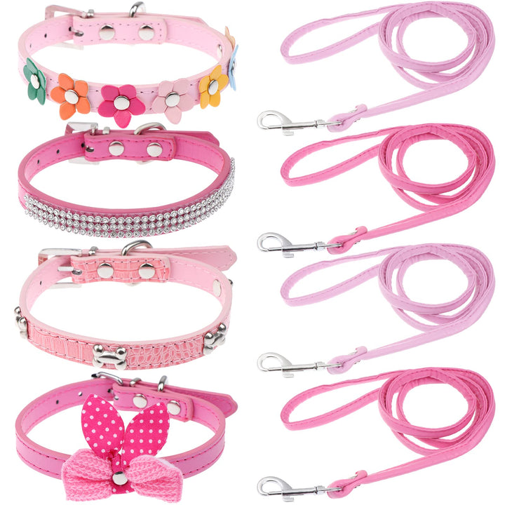 8 Pcs Dog Collar and Leash Girl Puppy Collars Adjustable Dog Collar Training Pet Collars Pink Cat Collar with Rhinestone Bowknot Colorful Flower for Girl Dogs Cats Collar Accessories