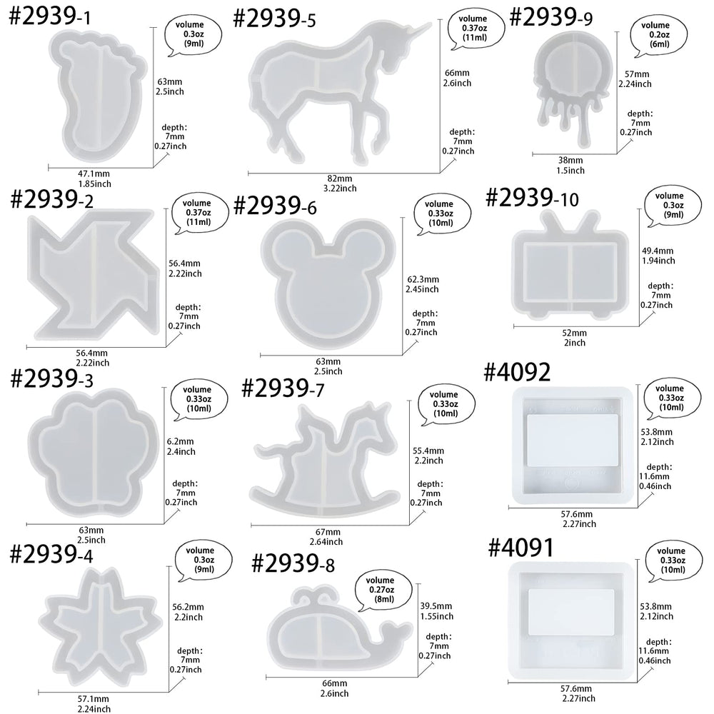 Epoxy Resin Shaker Silicone Molds Set Mouse Head, Flower, Footprint, Dolphin, Windmill, Unicorn, Bear's Paw, TV, Rocking Horse, Drippy Circle, Media Players 12-Count