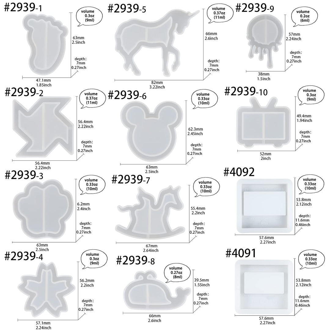 Epoxy Resin Shaker Silicone Molds Set Mouse Head, Flower, Footprint, Dolphin, Windmill, Unicorn, Bear's Paw, TV, Rocking Horse, Drippy Circle, Media Players 12-Count