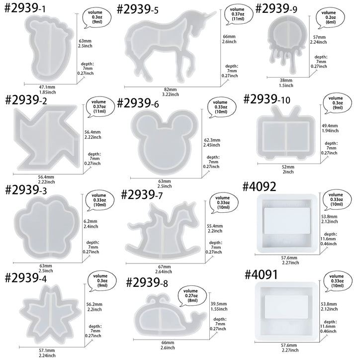 Epoxy Resin Shaker Silicone Molds Set Mouse Head, Flower, Footprint, Dolphin, Windmill, Unicorn, Bear's Paw, TV, Rocking Horse, Drippy Circle, Media Players 12-Count