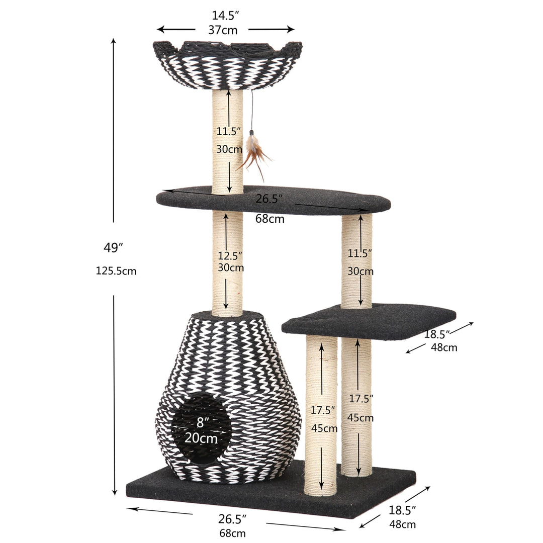 Ace 4-Level Multi-Activity Cat Tree with Felt Perches, Handwoven Recycled Paper Rope Condo, Sisal Scratching Posts, Feather Teaser Toy, Eco-Friendly & Stylish Cat Furniture, Black & White