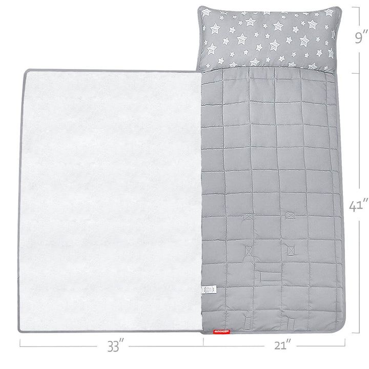 Toddler Nap Mat with Pillow and Fleece Minky Blanket, Lightweight, Soft Perfect for Kids Preschool, Daycare, Travel Sleeping Bag Boys and Girls, 21 x 50 Fit Standard Cot