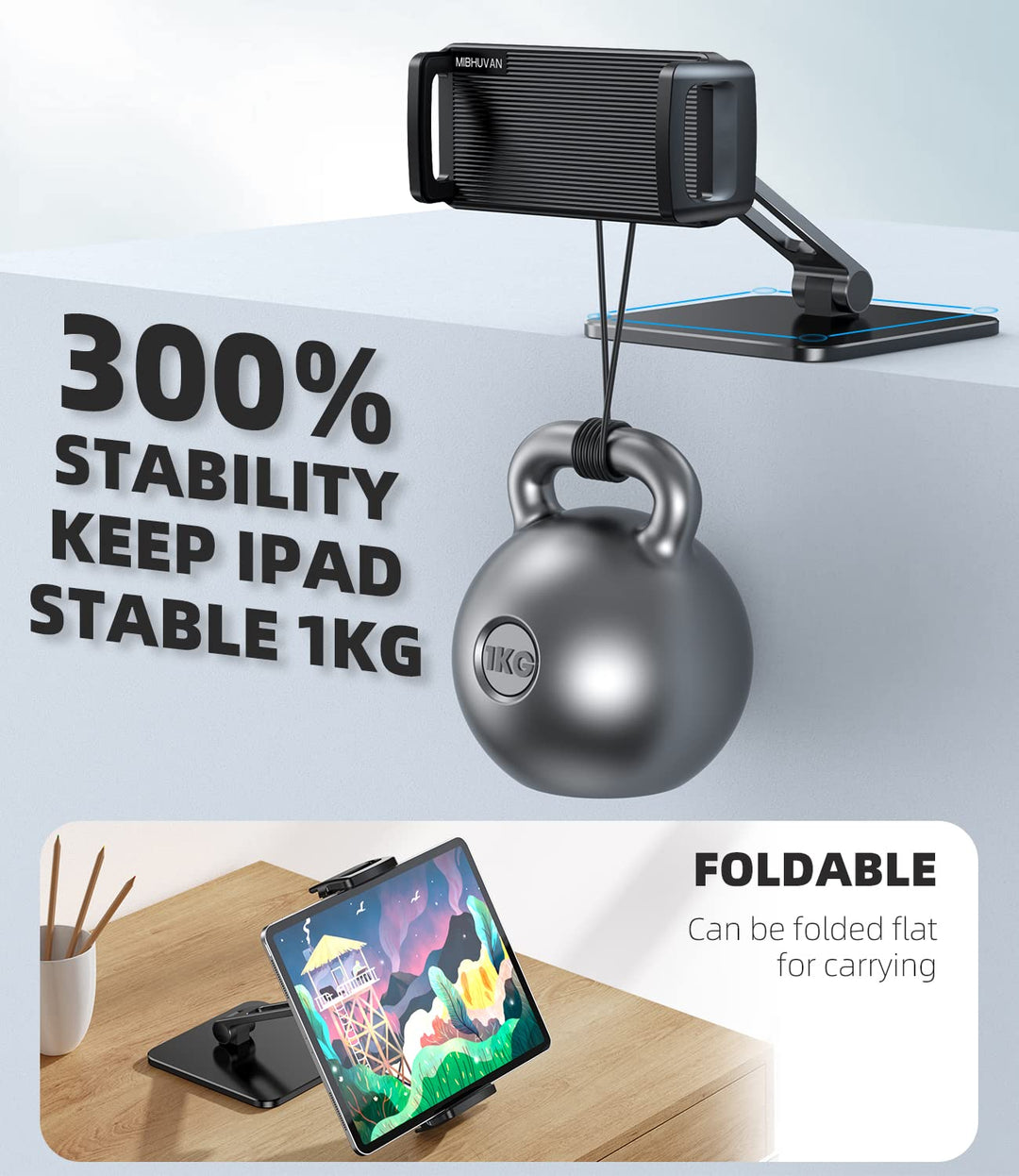 Tablet Stand Holder for desk, Adjustable & Foldable Aluminium alloy Heavy Duty Base Desktop Stand Holder Dock Compatible with iPad Pro 12.9/11, Air, Mini, Tabs, Kindle, (4.7-13)Tablet, Black