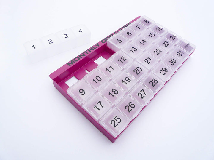 31 Day Pill Organizer | 1 per Day, 4 Week, 31 Compartments + Storage Monthly Pill Organizer | Includes Tray and 8 Removable compartments