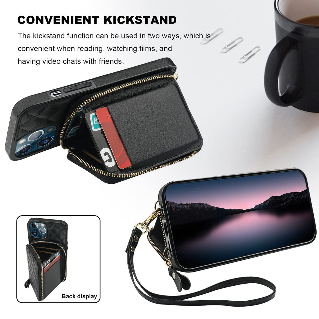 Crossbody Wallet Case for iPhone 13 Pro Max, RFID Blocking PU Leather Zipper Handbag Purse Flip Cover, Kickstand Folio Case with Card Slots Holder Wrist Strap Lanyard 5G 6.7 Inch (Black)