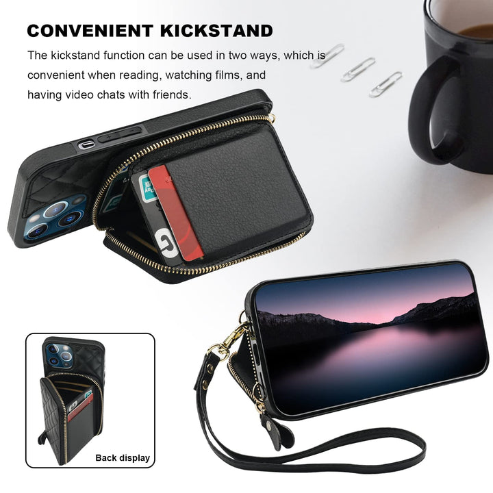 Crossbody Wallet Case for iPhone 13 Pro Max, RFID Blocking PU Leather Zipper Handbag Purse Flip Cover, Kickstand Folio Case with Card Slots Holder Wrist Strap Lanyard 5G 6.7 Inch (Black)
